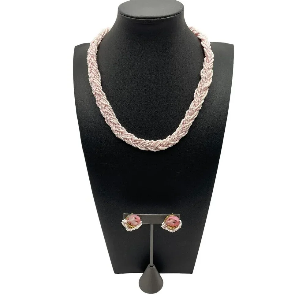 VTG Pink Seed Bead Milk‎ Glass Multi Strand Braided Tassel Necklace Earring Set